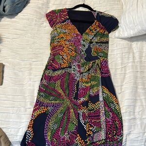LAUNDRY BY SHELLI SEGAL SHORT SLEEVE WRAP DRESS KNEE LENGTH MULTICOLOR